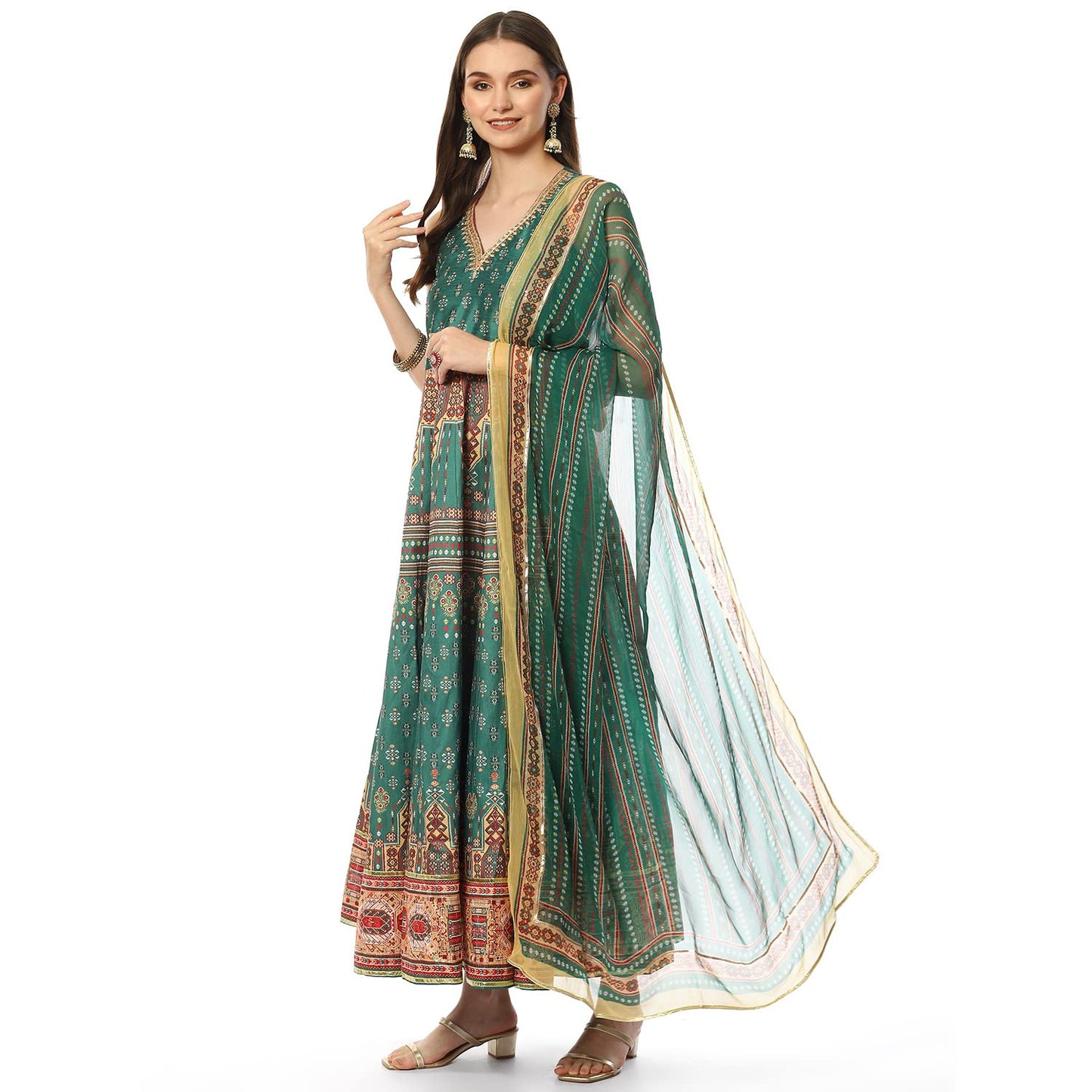 BIBA Polyester Women Printed Fitted Salwar Kurta Dupatta(SKDASSORTED8190_GREEN_34), Medium