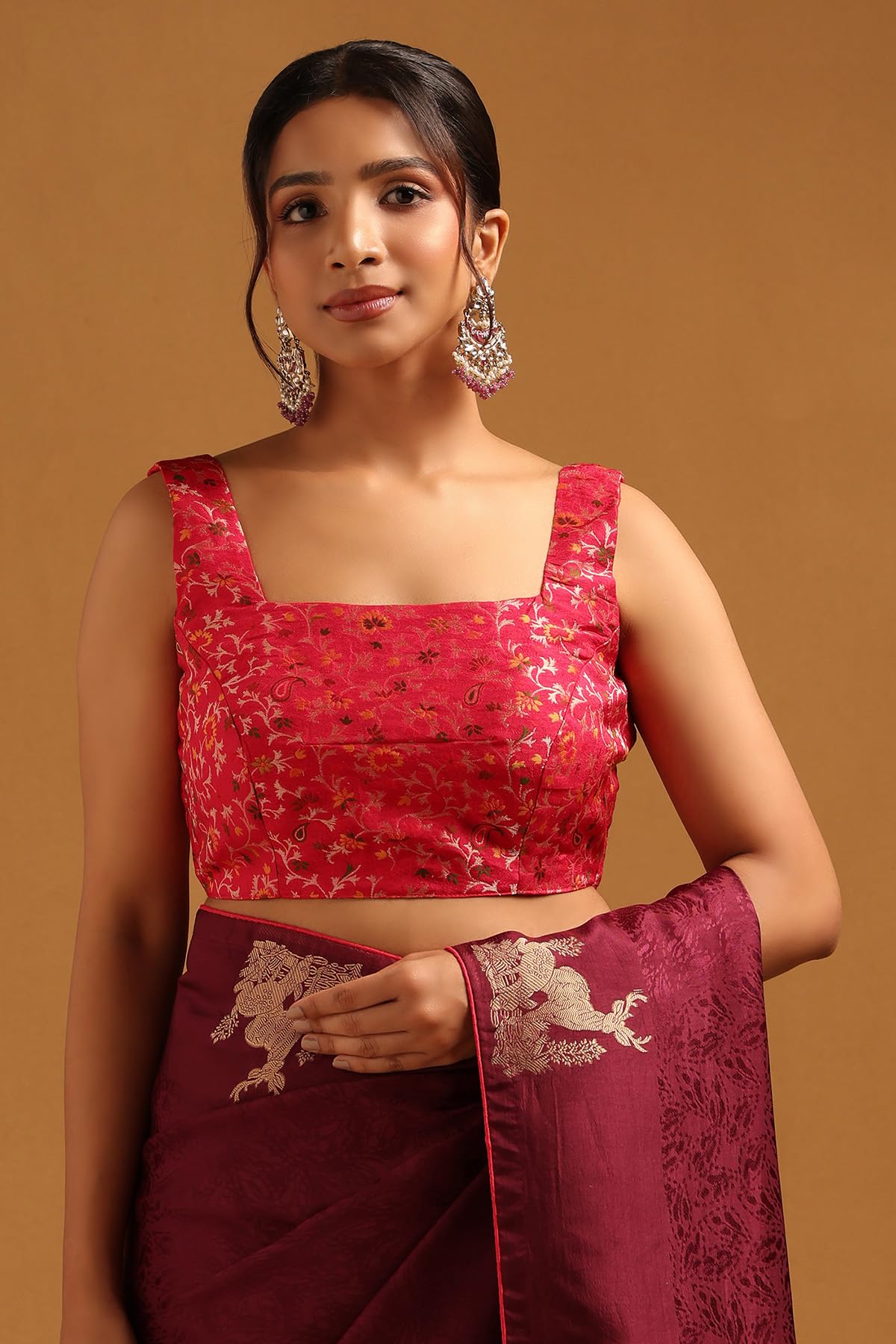 Soch Womens Wine Dola Silk Botanical Zari Woven Saree