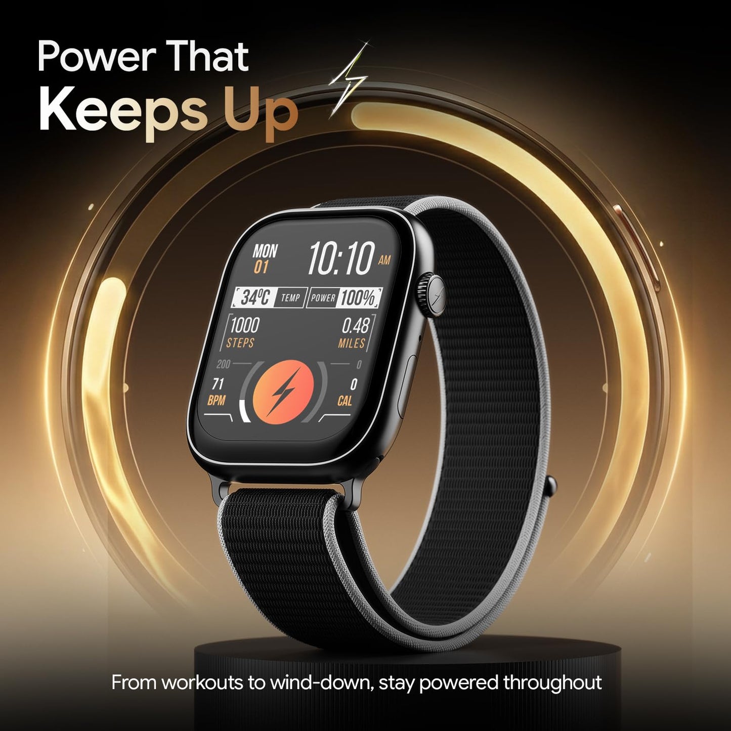 Fire-Boltt Ninja X Ring Smart Watch 1.96" Always On Display Bluetooth Calling, Voice Assistant, SpO2 & Heart Rate, 120+ Sports Modes, IP67 Waterproof Smartwatch for Men & Women - Black Nylon