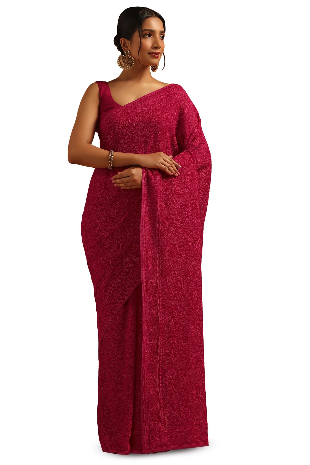 Soch Womens Fuchsia Georgette Botanical Saree With Stone Work