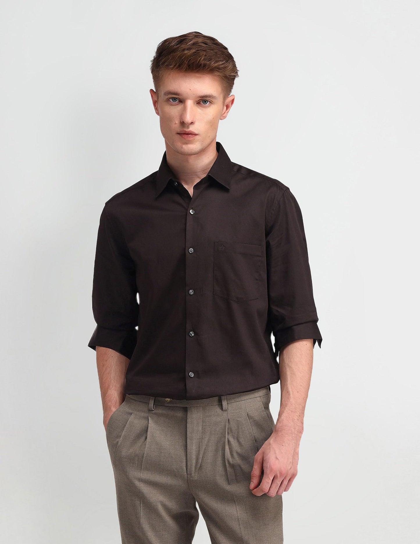 Arrow Men's Brown Solid - Cutaway Collar Full Sleeves Formal Shirt with Chest Pocket | Cotton Fabric | Slim Fit