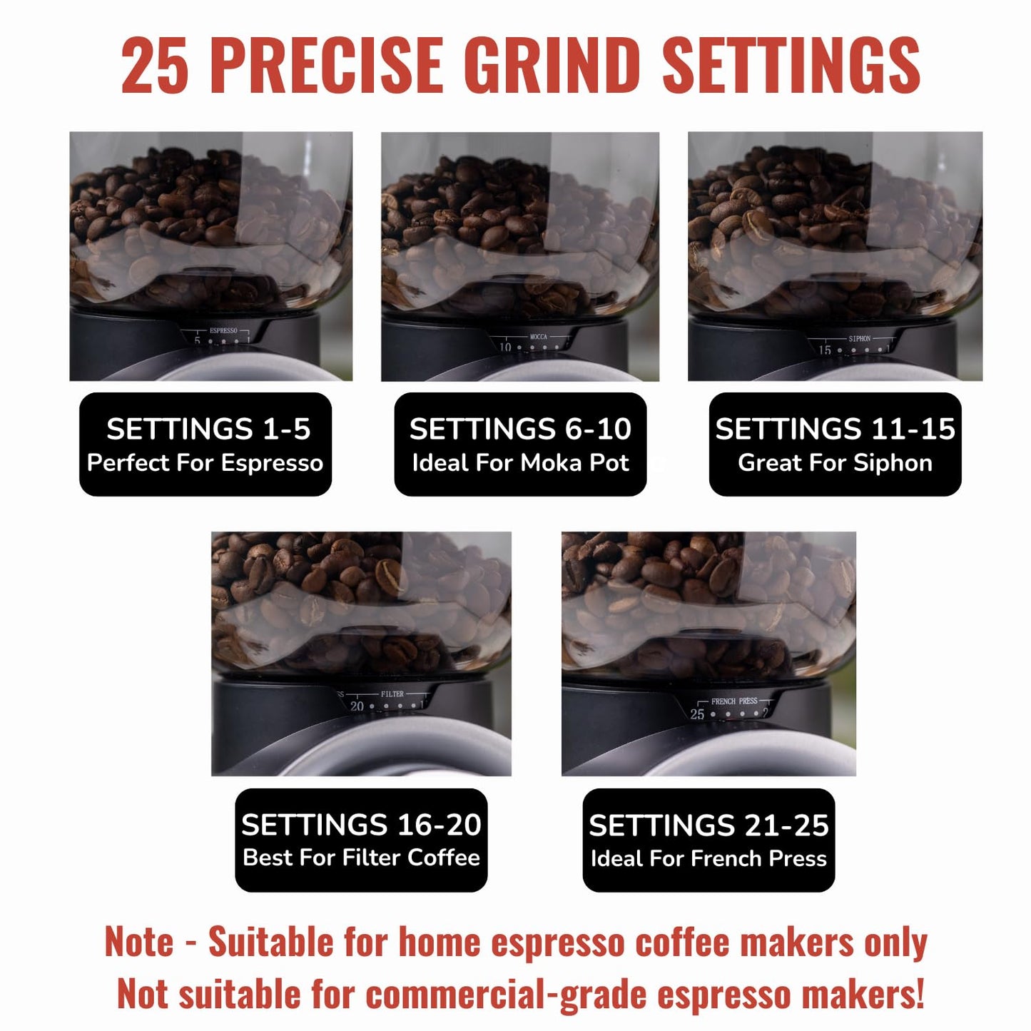 InstaCuppa Electric Coffee Grinder with LED Touch Timer & Cups Selector, Conical Stainless Steel Burr Mill with 25 Adjustable Grind Settings for Home Espresso, Moka Pot, French Press, Pour Over