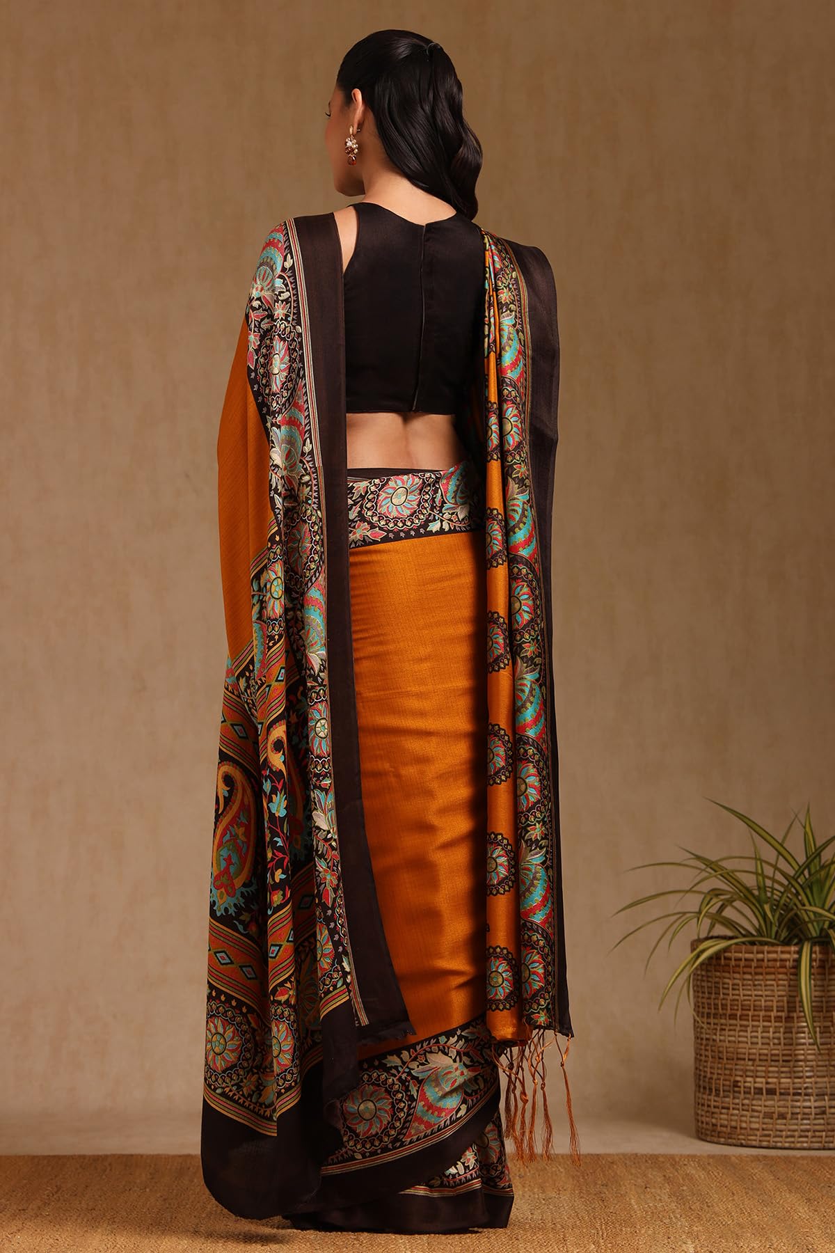 Soch Womens Mustard Pashmina Floral Print Saree