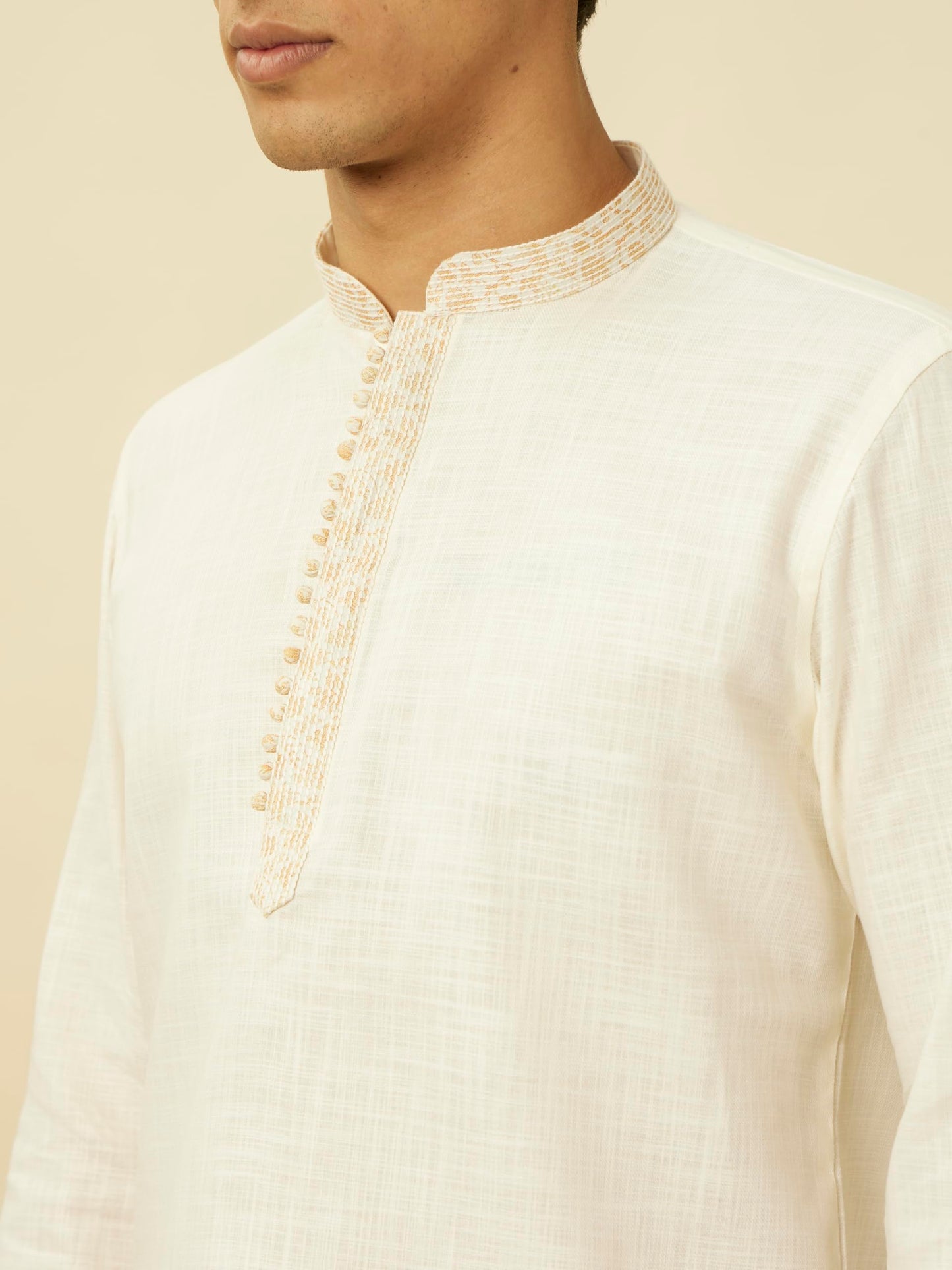 Manyavar Mens Cream Cotton Short Kurta