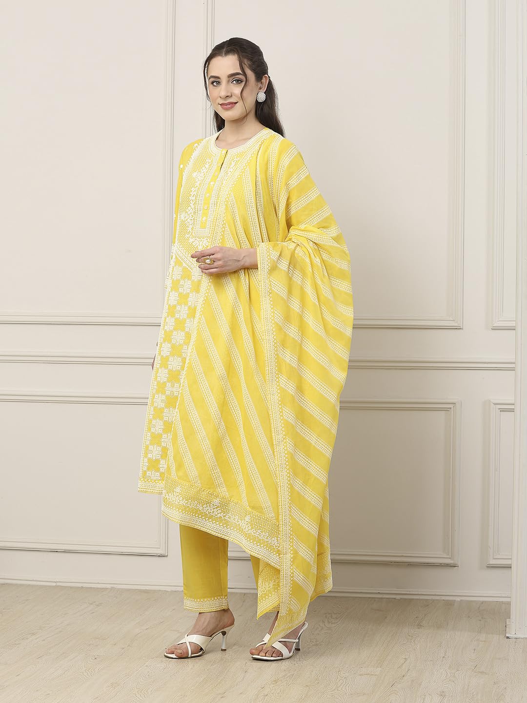 Biba Women Yellow Cotton Straight Suit Set_38