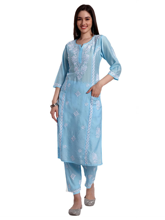 indiankala4u Lucknowi Chikankari Hand Embroidered Mukaish Work Kurta Palazzo Set Chanderi Silk Sky Blue