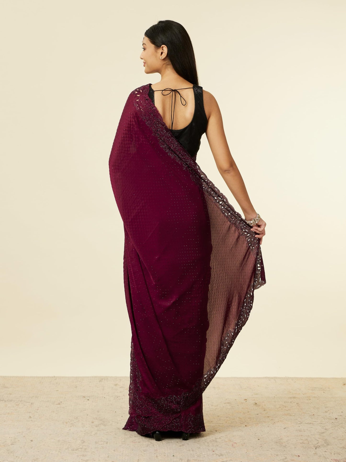 MOHEY Women's Wine Satin Embroidered Zari Weave Saree (WINE)