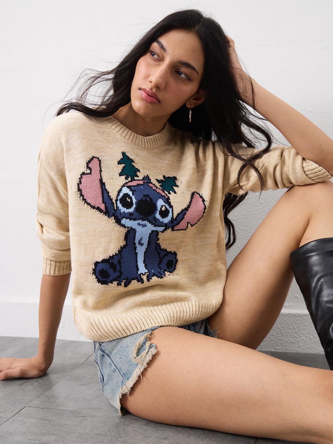 The Souled Store Official Lilo and Stitch: Ohana Women and Girls Oversized Sweater Beige