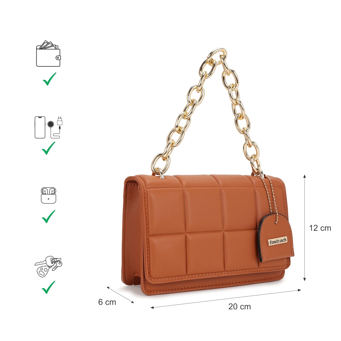 Fastrack Quilted Pattern Sling Bag For Women | Faux Leather Sling With Metal Chain Handle and Adjustable Belt | Flap Closure With Magnetic Lock and Trendy Charm | Trendy Women's Handbags