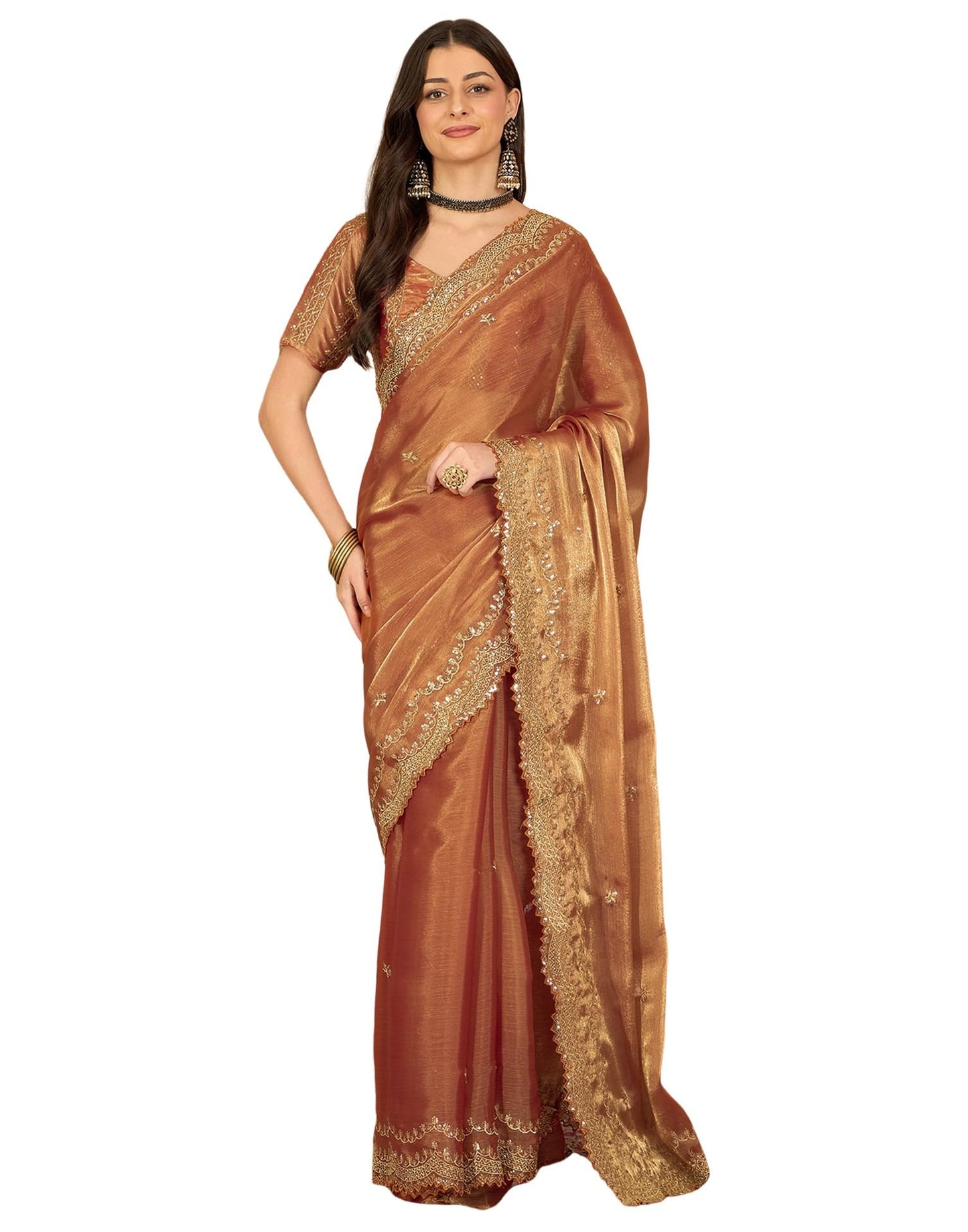 SIRIL Women's Embroidery Chiffon Saree With Unstitched Blouse Piece(4317S171_Orange)