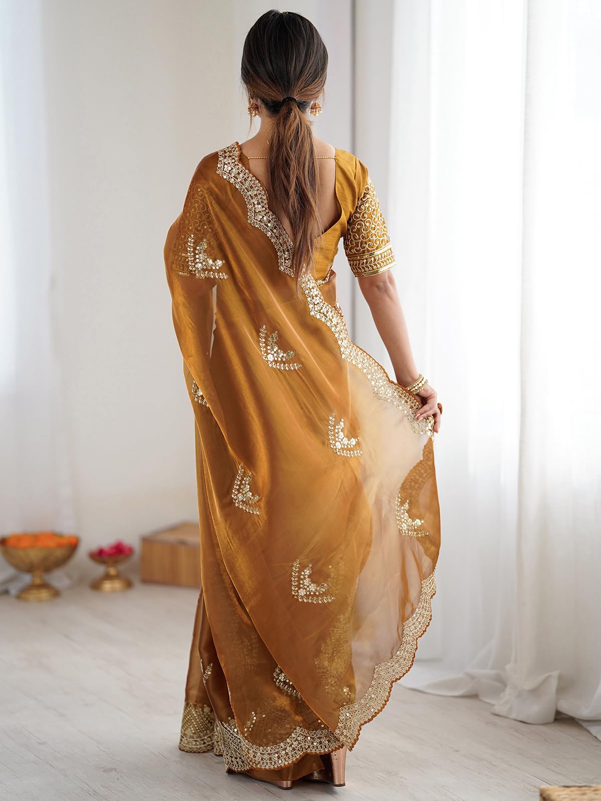 Satrani Women's Tissue Silk Scalloped Border Sequins Embroidery Saree with Unstitched Blouse Piece (4218S6642N_Copper5)