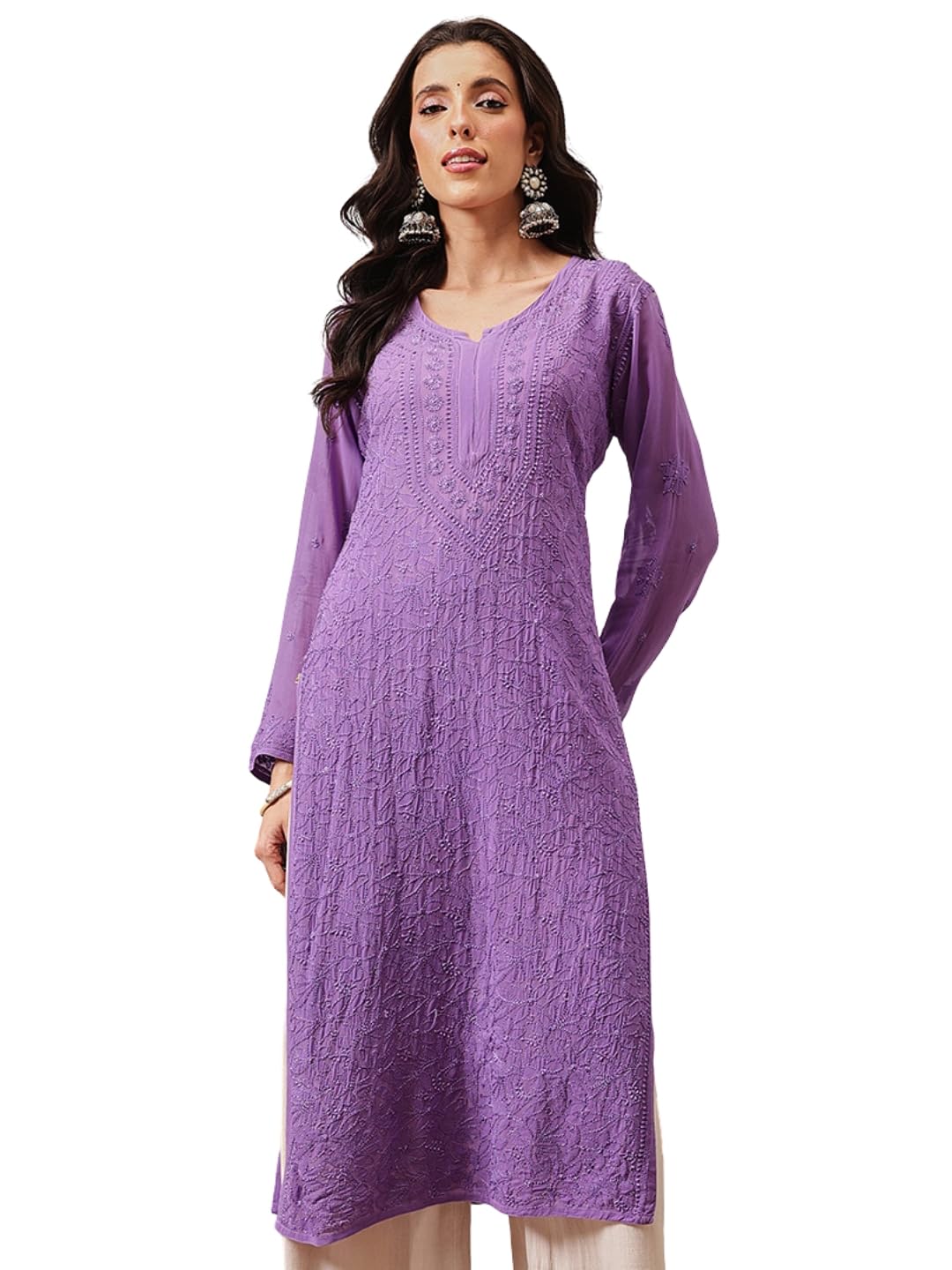Ada Hand Embroidered Lucknowi Chikankari Viscose Georgette Kurta Kurti for Women A411332 Mauve (3XL)