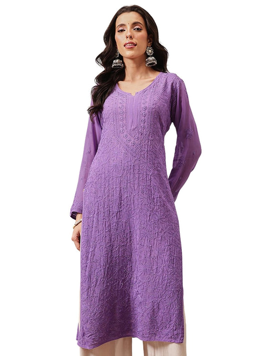 Ada Hand Embroidered Lucknowi Chikankari Viscose Georgette Kurta Kurti for Women A411332 Mauve (3XL)