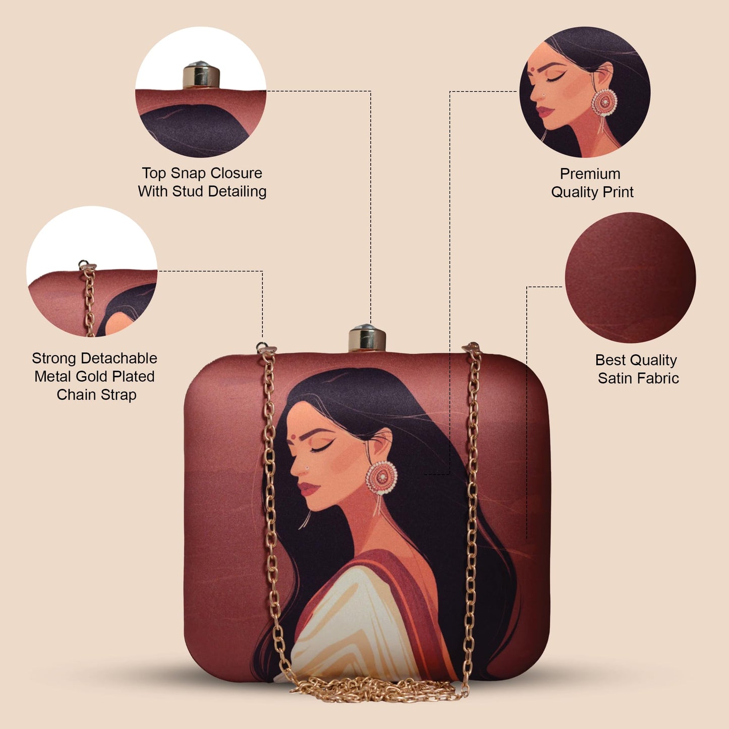 Artklim Brown, Indian Women in Saree Printed Quirky Designer Clutch Purse for Ladies - Funky Sling Bag - Detachable Golden Chain Strap - Box Shape Handbag
