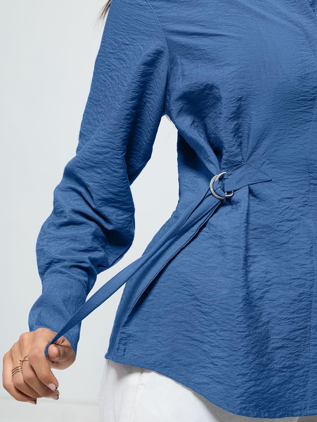 The Souled Store Buckle Shirt: Women and Girls Full Sleeves Spread Collar Solid Textured Viscose Nylon Blend Regular Fit Lightweight Summer-Ready Shirt