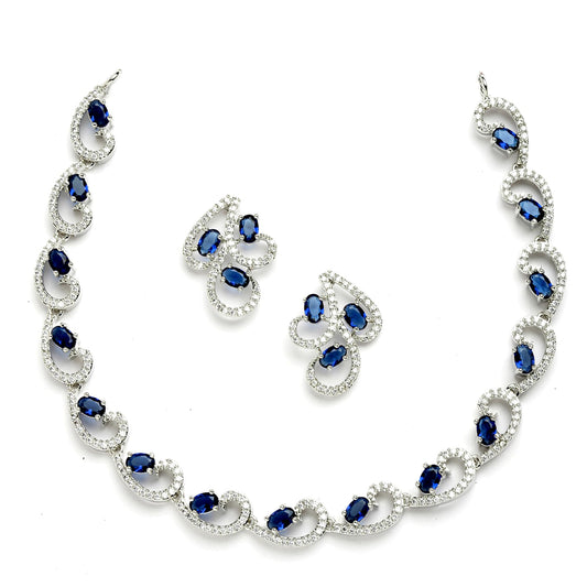 ZENEME Rhodium-Plated with Silver-Toned Blue and White Cubic Zirconia & American Diamond studded Necklace and Drop Earrings Jewellery Set (Blue) For Women