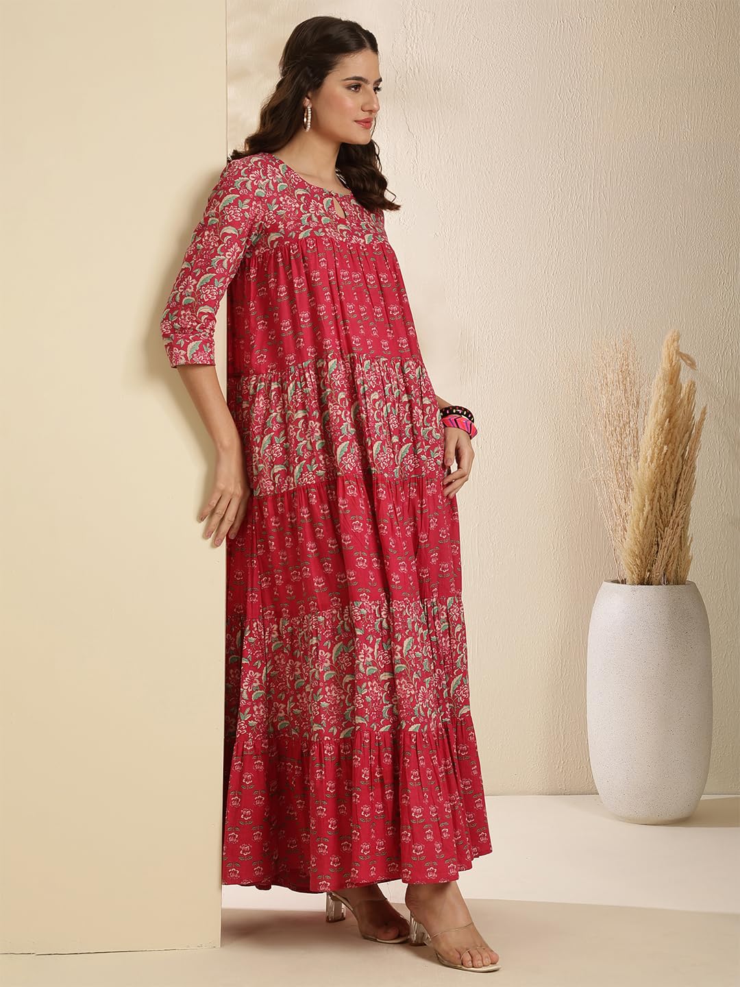 Gulmohar Jaipur Women's Cotton Ankle Length Printed Key Hole Neck Anarkali Gown (GUL485KRTPINK_3XL, 3XL, Pink)