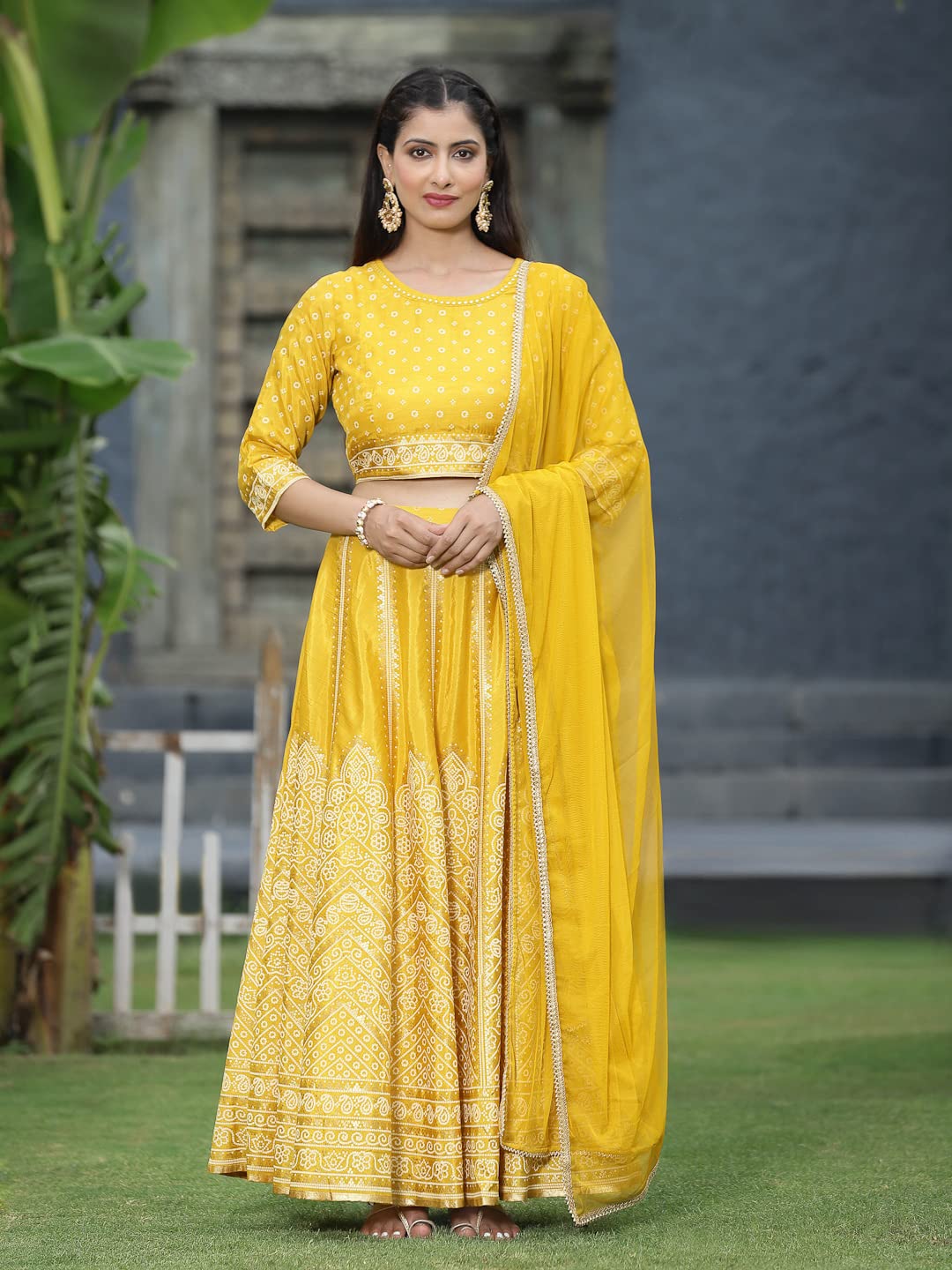 Juniper Women's Mustard Santoon Slub Festive Printed Crop Lehenga Choli Dupatta Set-XXL