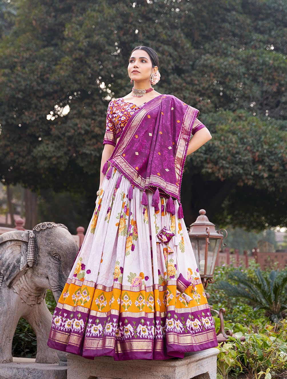 Snazzy Stitch Women Tussar Silk With Patola Print And Foil Work Lehenga choli (Purple)