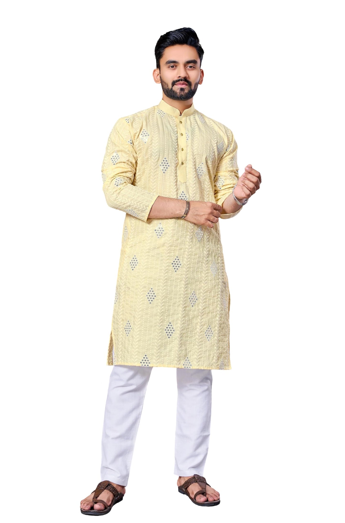 LAZZLY Men's Traditional Cotton Embroidery Mirror for Men Only Kurta (in, Alpha, M, Regular, MCC_Yellow)