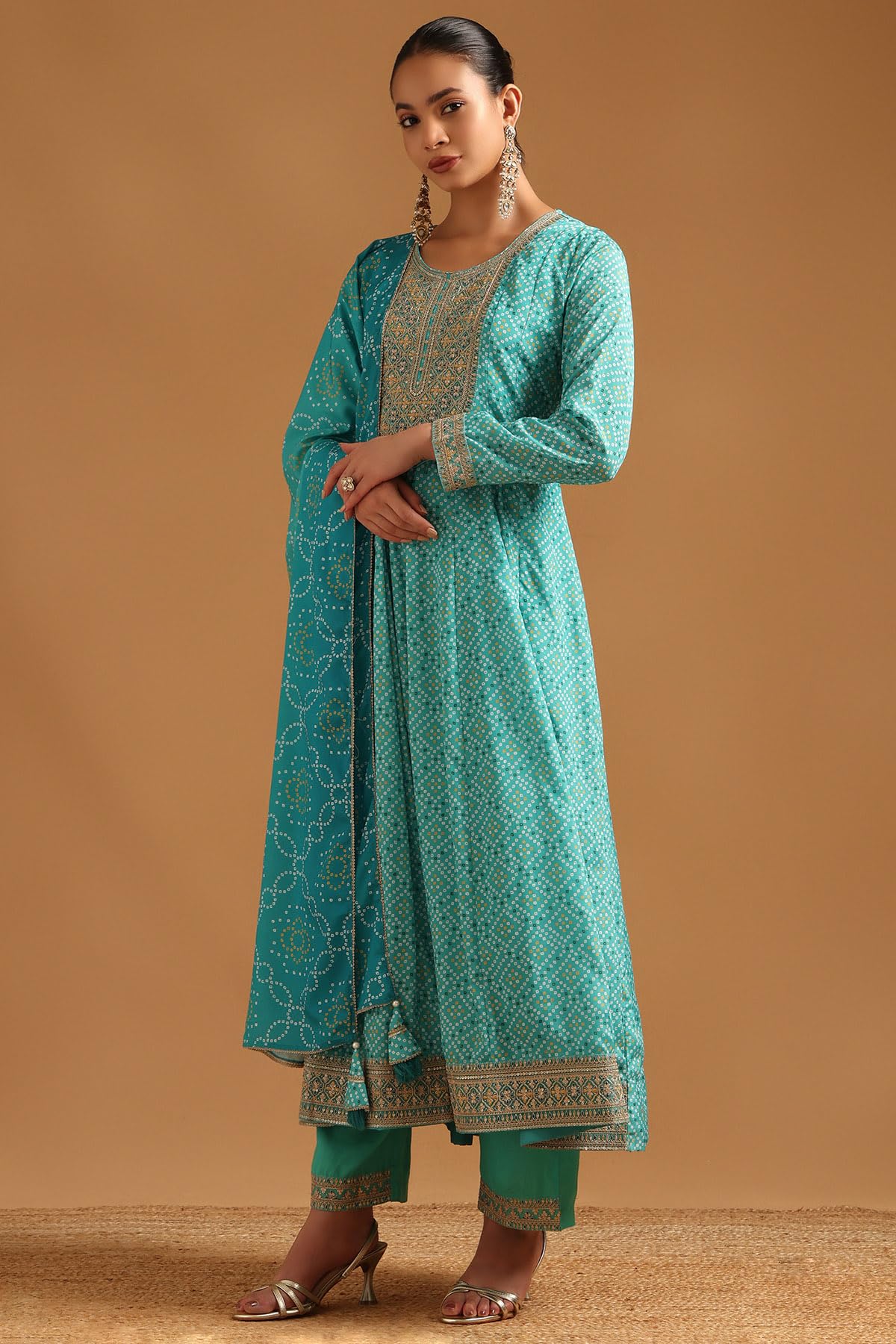 Soch Womens Blue Polyester Bandhani Salwar Suit With Sequins