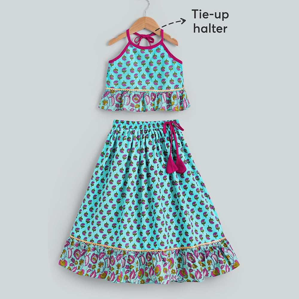 Hopscotch Hoscotch Girls Floral Blue Sleeveless 2 Piece Groove & Flow Cotton Lehenga Choli Set For Ages (5-6 Years)