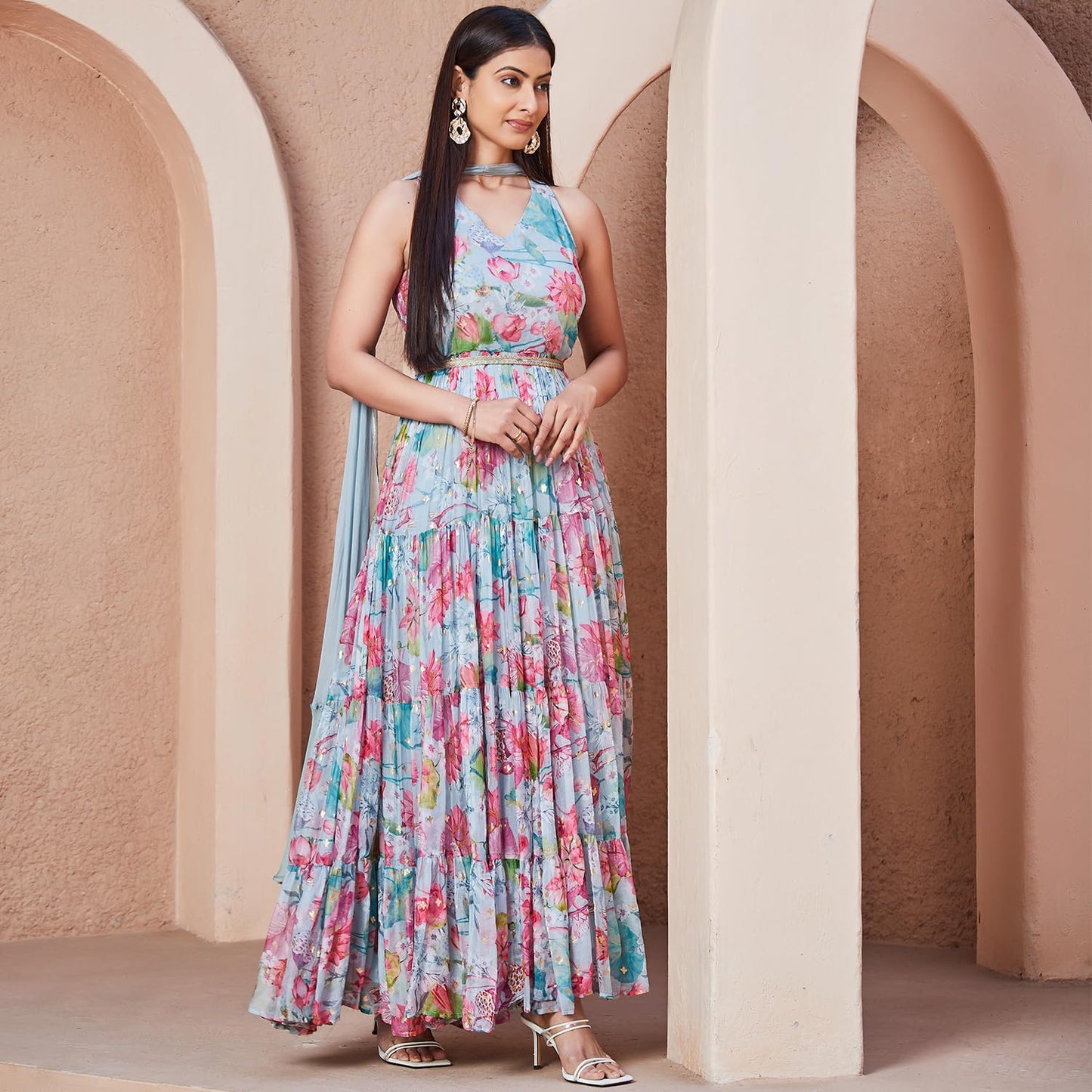 BIBA Women Cotton Anarkali Printed Dress(SKD9665_2XL_Grey)