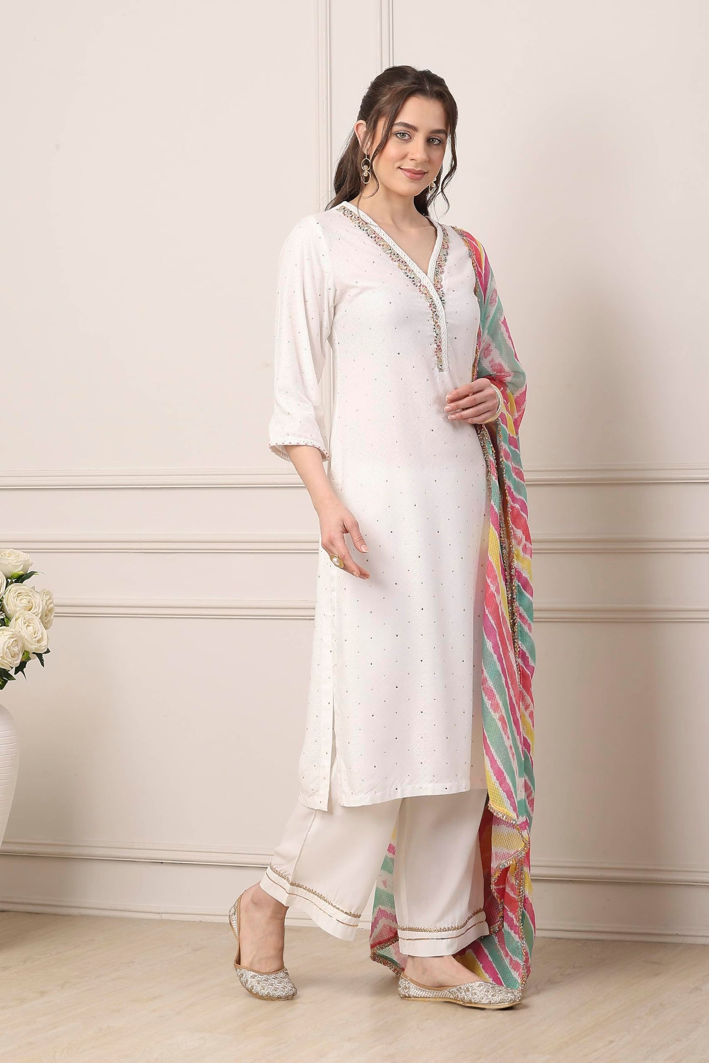 Biba Women White Viscose Rayon Straight Suit Set_42