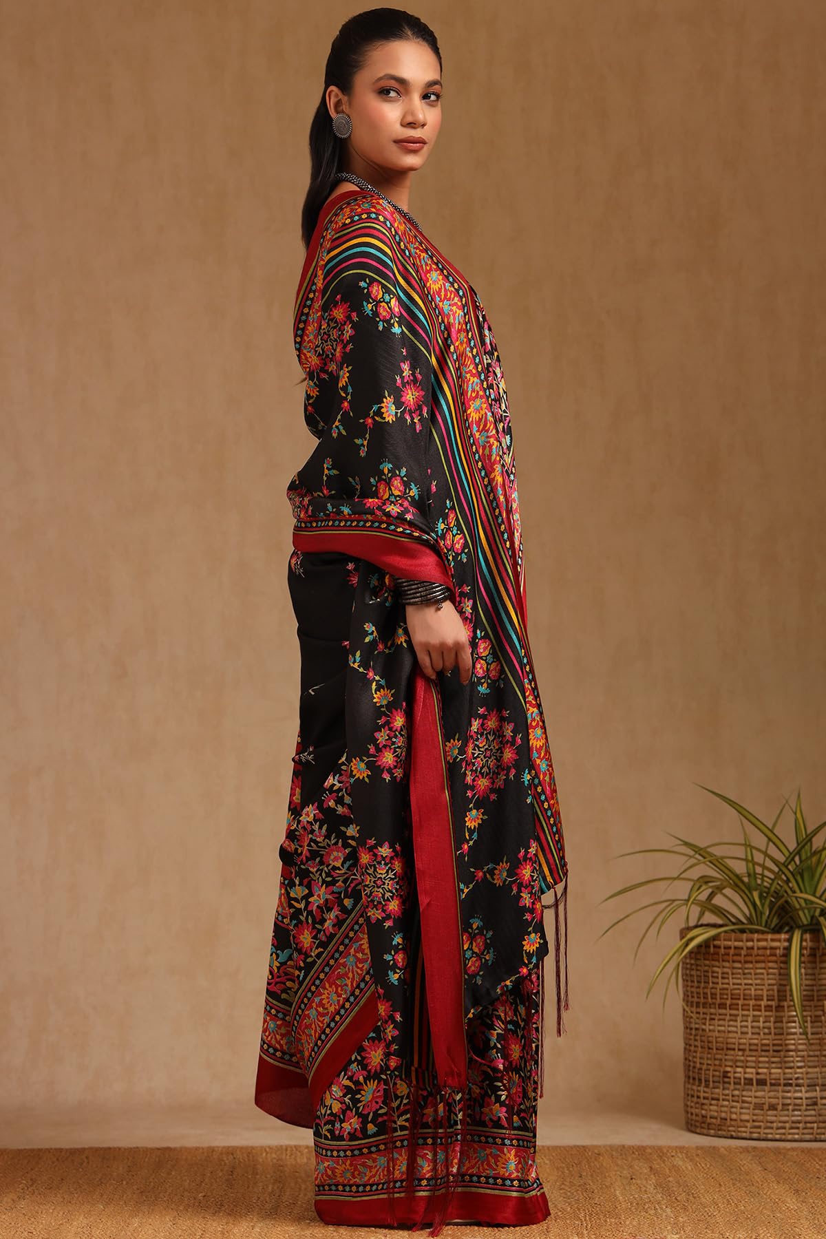 Soch Womens Black Pashmina Floral Print Saree