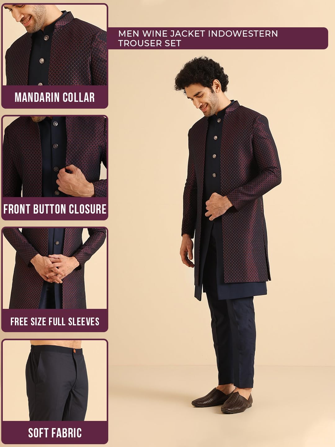 KISAH Jacket Sherwani Set for Men – Woven Design Jacquard Sherwani with Trouser | Ethnic & Formal Indian Outfit for Weddings, Celebrations & Parties, Wine, 42