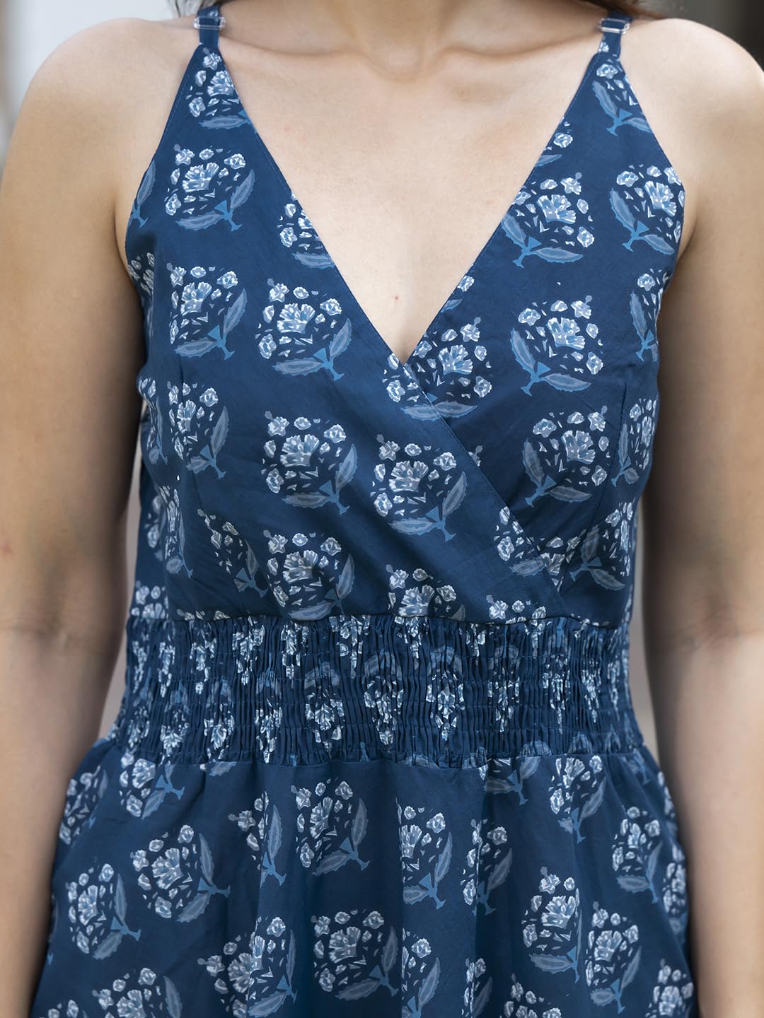 Divena Navy Blue Floral Print Pure Cotton Fit & Flare Dress