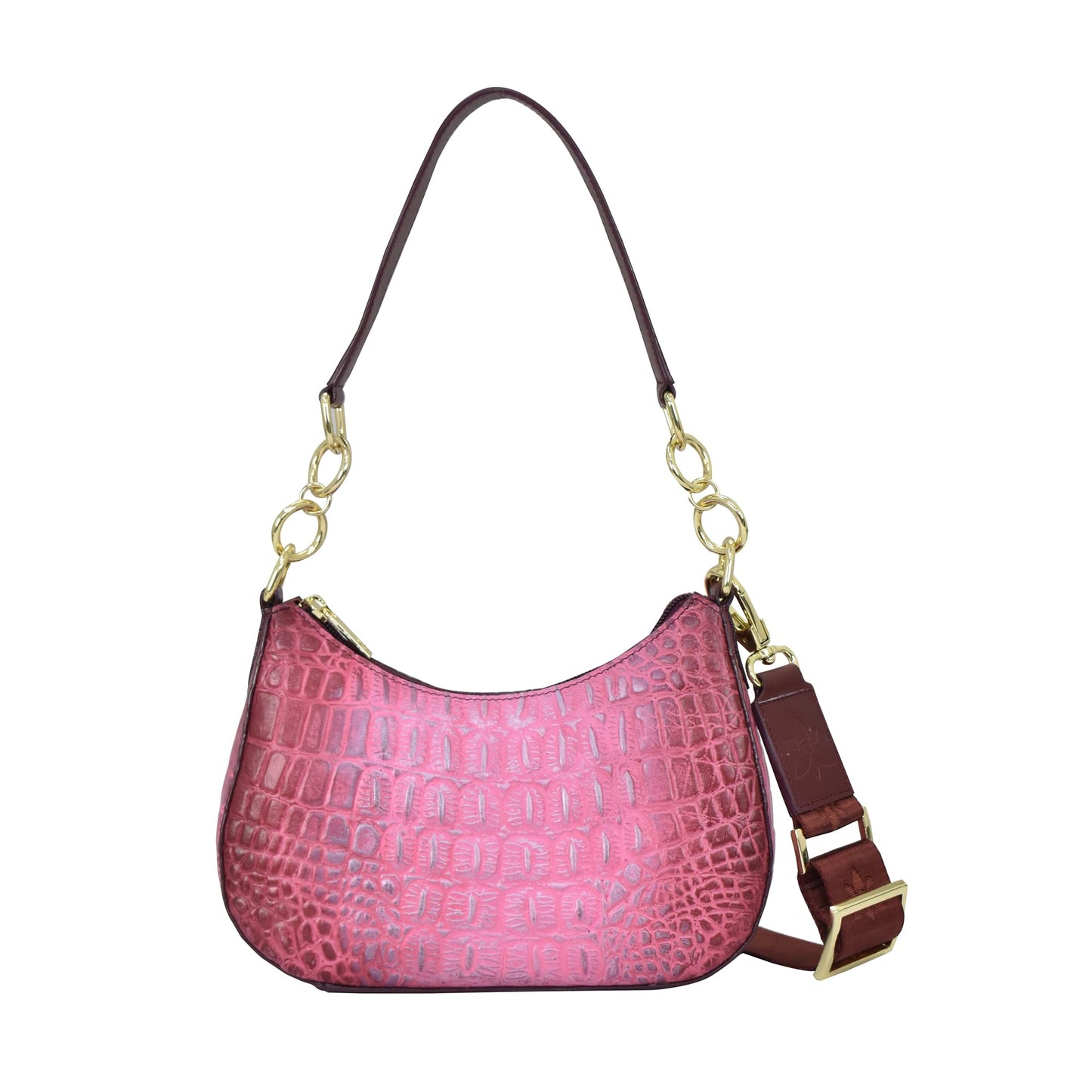 Anuschka Women’s Hand-Painted Genuine Leather Small Convertible Hobo - Croco Embossed Berry