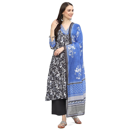 BIBA WOMEN PRINTED STRAIGHT SALWAR KURTA DUPATTA(SKDASSORTED8948_CHARCOAL_36)