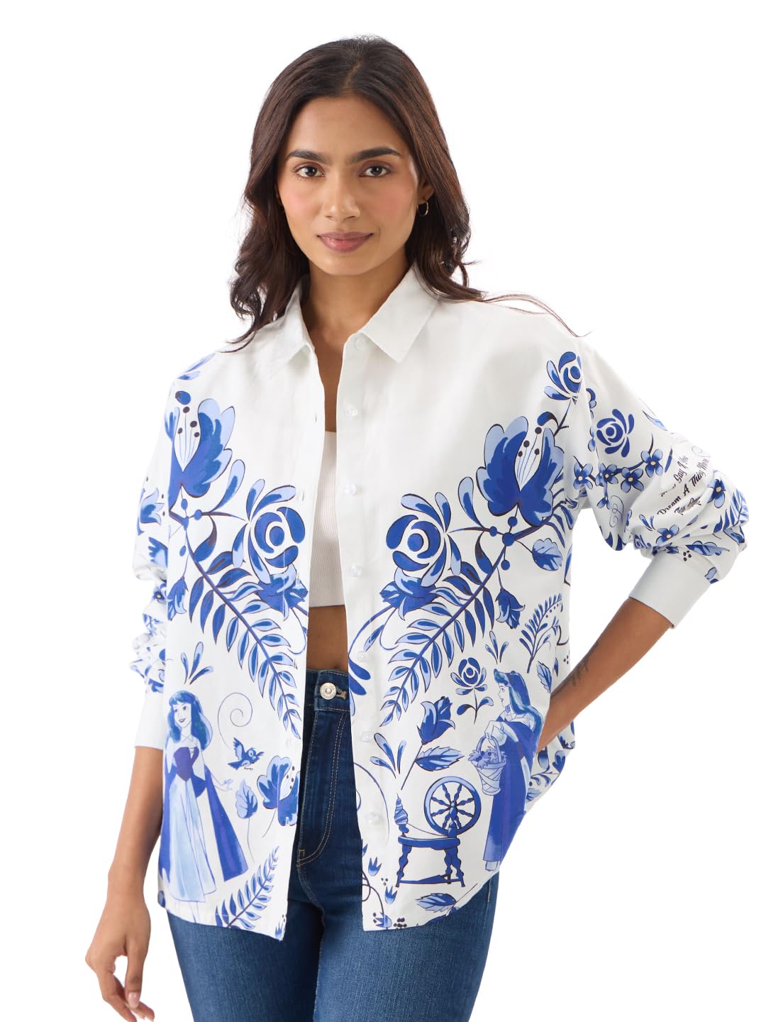 The Souled Store Disney: Once Upon A Dream Women and Girls Long Sleeve Collared Neck Button Front White Cotton Oversized Shirts