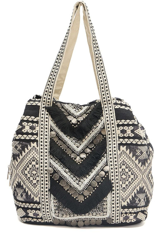 PRIMROSE Boho Beach Tote Bag (Black and Beige)