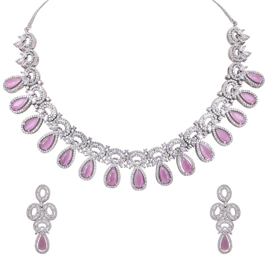 Ratnavali Jewels Brass Silver Plated Designer Pink White Cubic Zirconia Heavy Bridal Necklace & Earrings Set for Women & Girls RV4077P