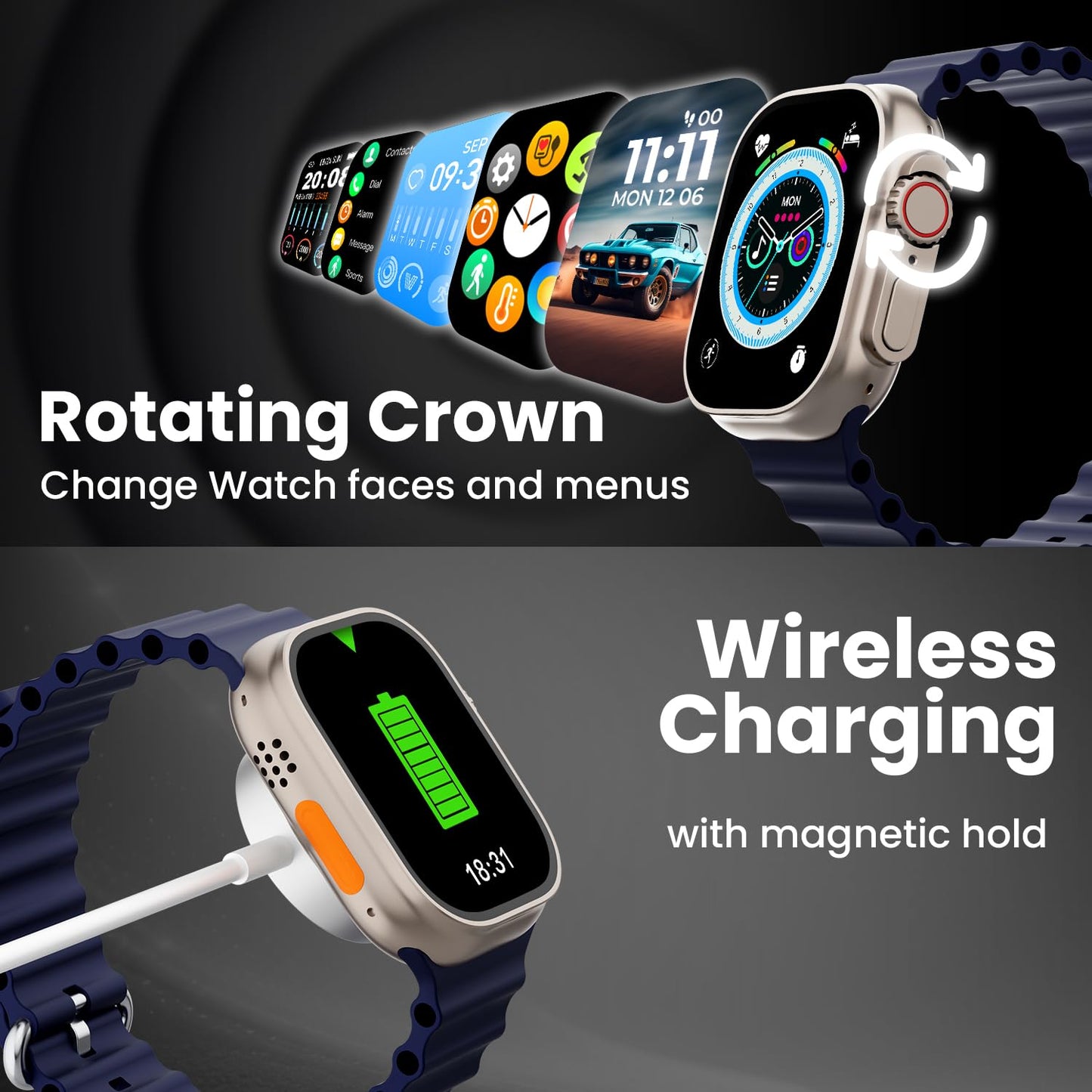 Kratos SW18 Ultra Pro Smartwatch with 2.01" Touch Display, Advanced BT Calling, Wireless Charging Smart Watch, Voice Assistant, 100+ Sports Modes, Rotating Crown, Metallic Body, IP67, Heart Rate, SpO2