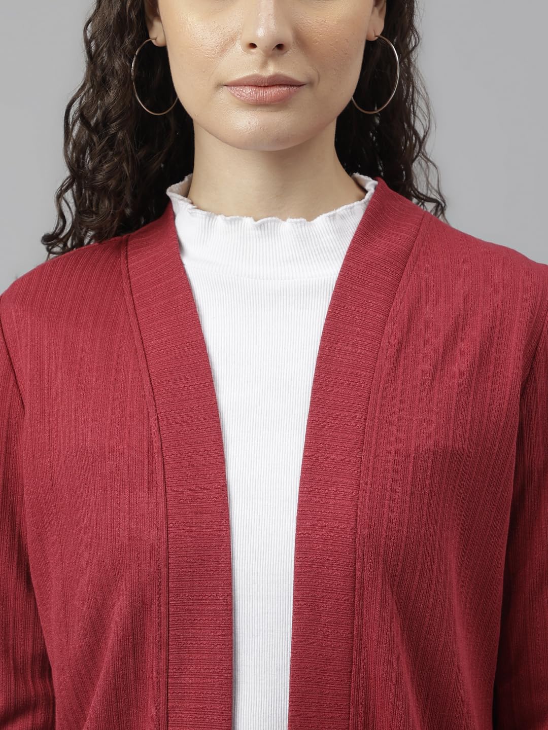 Latin Quarters Women Maroon Full Sleeves Solid Casual Shrug_XL