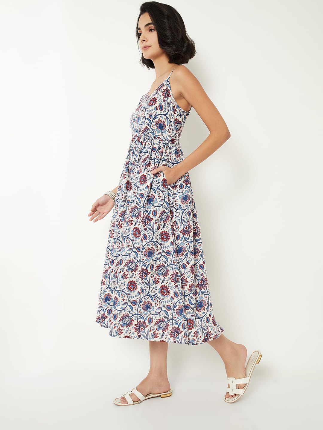 Max Women Floral Print A-line Midi Dress (White_L)