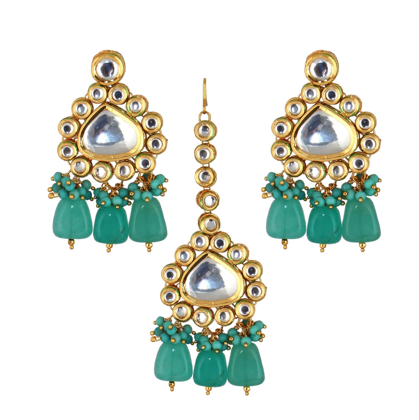 Lucky Jewellery Meenakari 18K Gold Plated Turquoise Blue Pentagon Shape Uncut Kundan Combo Necklace Set For Women