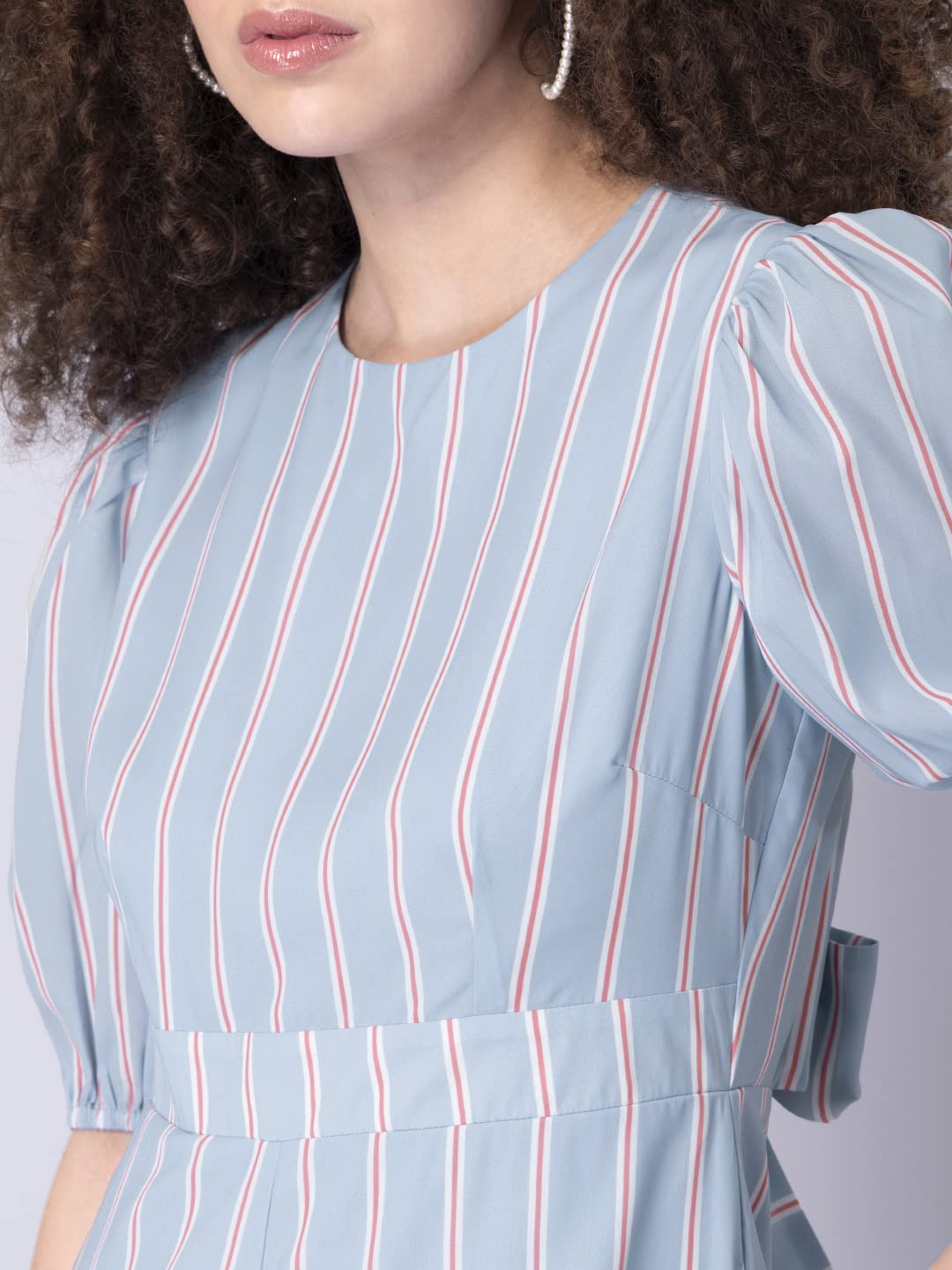 FabAlley Blue Striped Back Cut Tie Up Jumpsuit