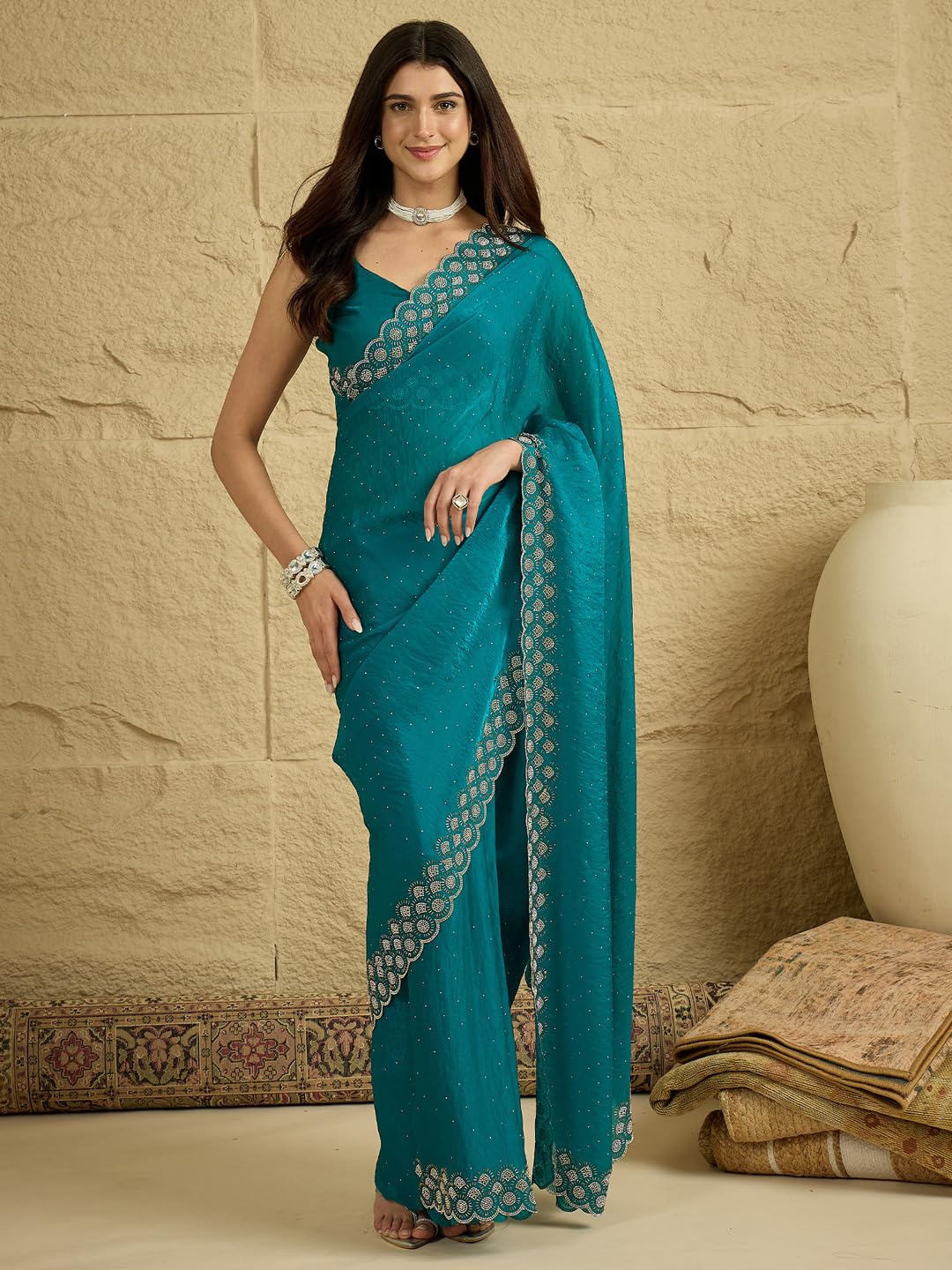 AKHILAM AKHILAMWomen'sTealblueSatinSilkBeads&StonesWorkScallopedBorderSareeWithUnstitchedBlousePiece|sareeforwoman|DesignerSareeforWomen|Soft and Skin Friendly(VT6074B_VM)