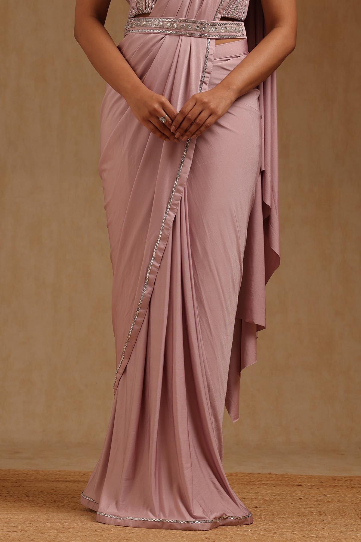 Soch Womens Pink Spandex Solid Ready To Wear Saree