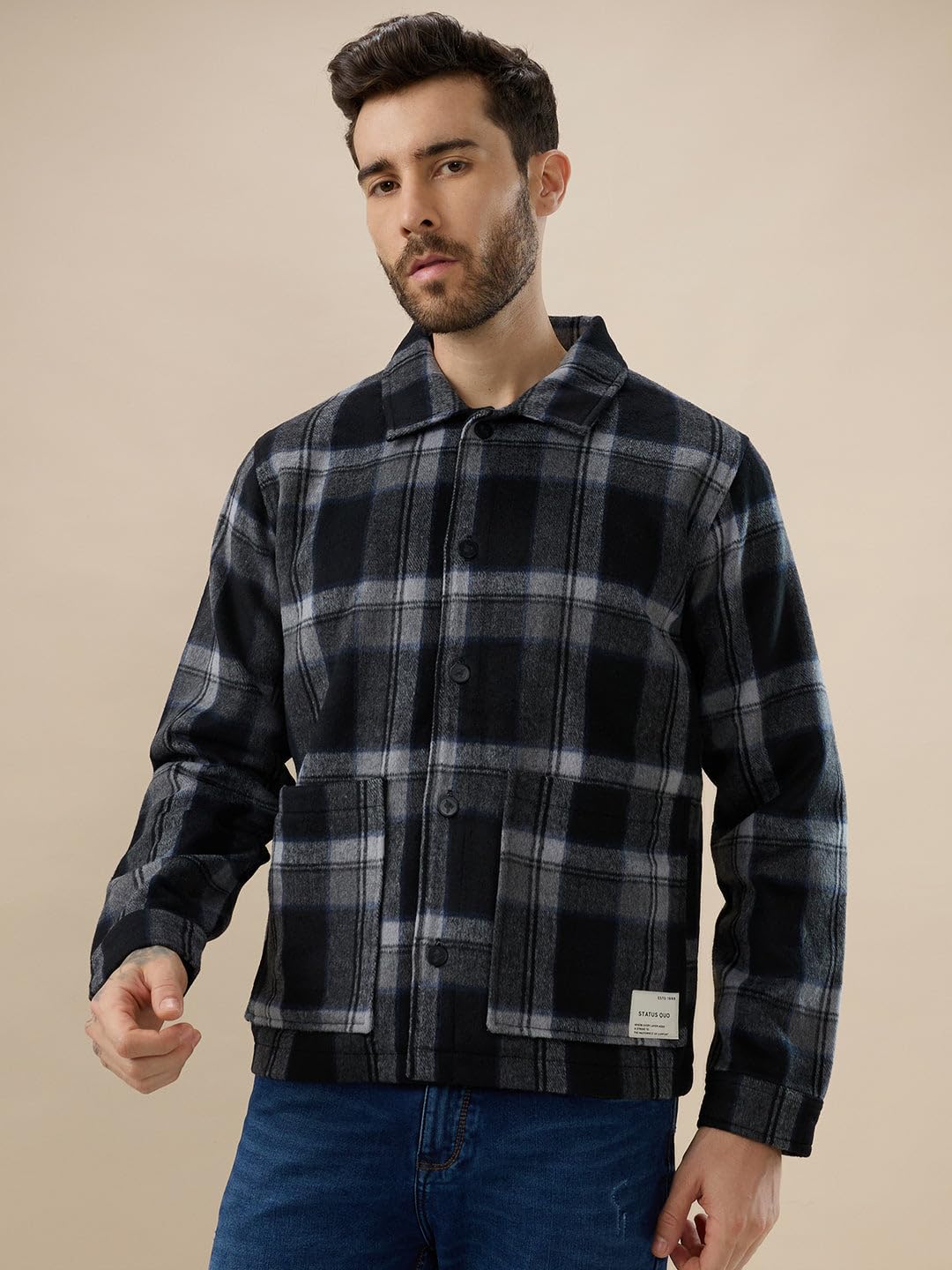 Status Quo Men's Wool Blend Checked Pattern Regular Fit Shacket | 100% Polyester | BLACK | 4XL Size