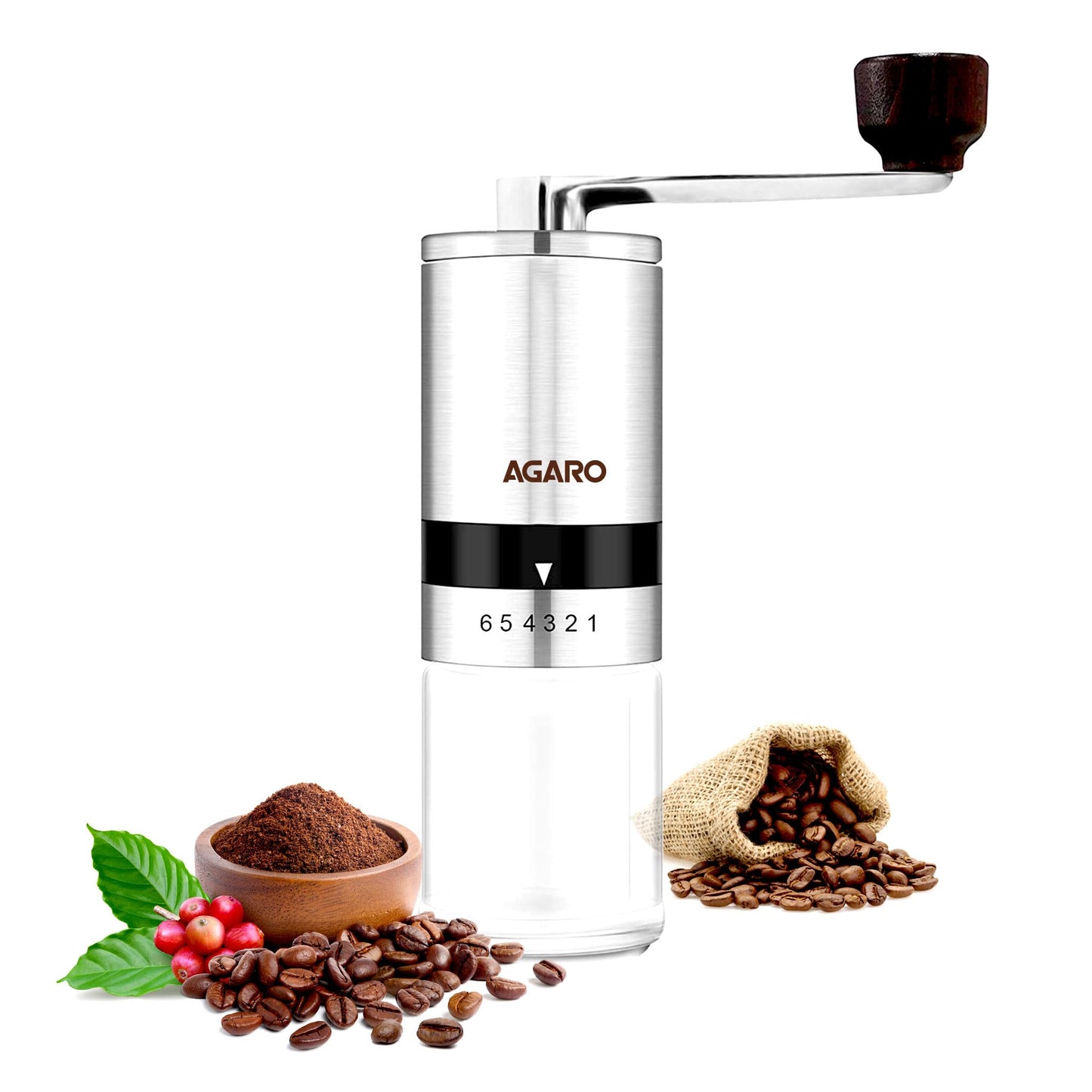 AGARO Elite Manual Coffee Grinder, Ceramic Grinder with Glass jar, 6 Adjustable Settings, Stainless Steel Body, Tooth Handle, No Power, Whole Bean, Drip Coffee, Espresso, Silver