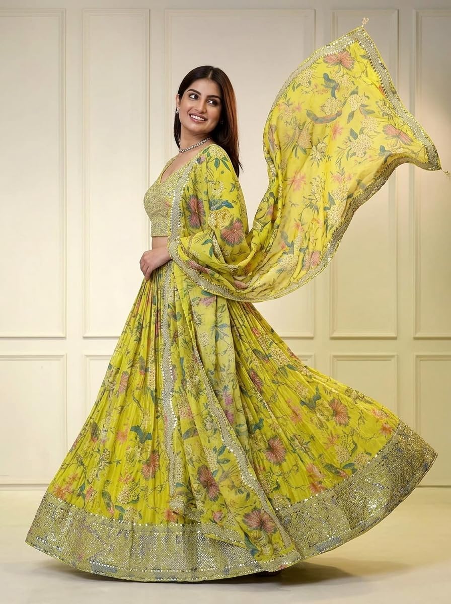 JIHU CULTURE Yellow Digital Print with Sequence Zari Embroidery Work Semi-Sttiched Lehenga Choli Set For Women's