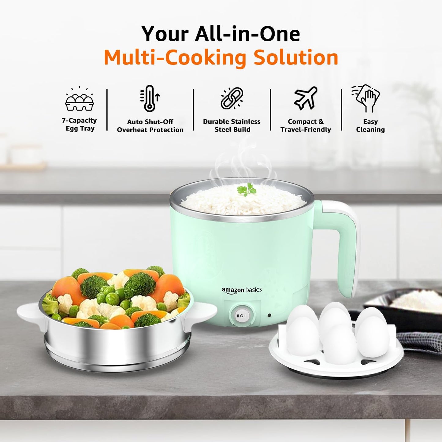 Amazon Basics Multi-Cook Pot Kettle 1.2L | Adjustable Power Modes 325 W and 650 W with 7 - Egg Tray and Steamer | SS 304 Steel | Automatic Overheat Protection | Multipurpose Cooking - Boil Water, tea, Noodles, Steam Rice