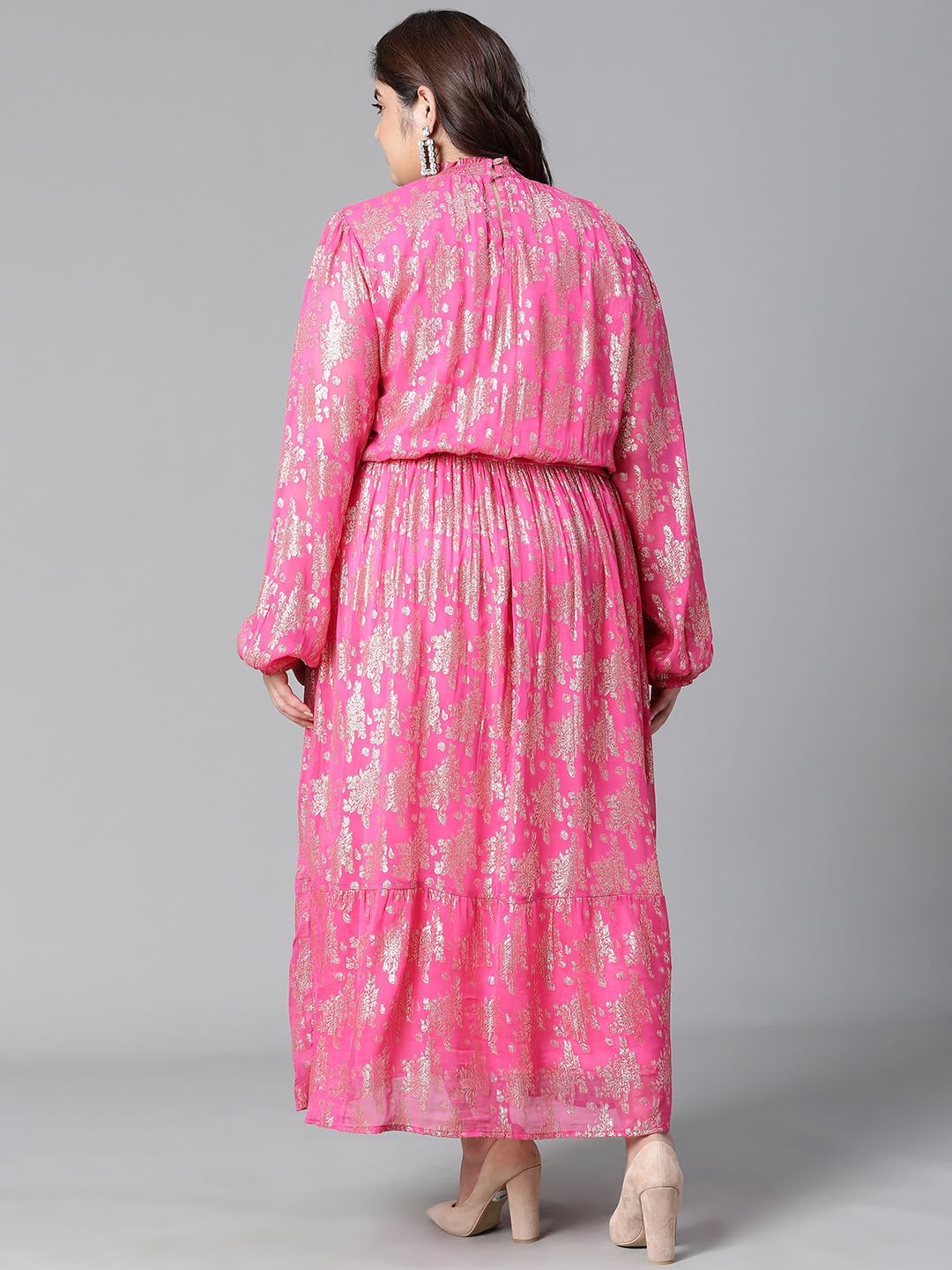 oxolloxo Women Plus Size Pink Round Neck Long Sleeve Elasticated Waist Golden Foil Print with Lining Dress