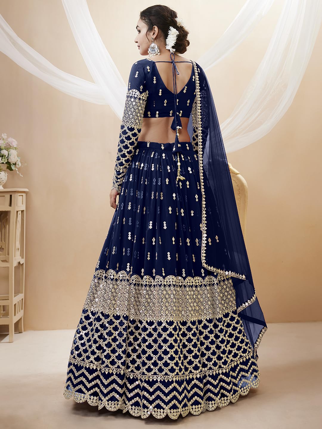 Zeel Clothing Women's Sequins Zari Embroidered Georgette Semi-stitched Lehenga Choli with Dupatta (307-NavyBlue-Wedding-Bridal-Latest-New; Free Size) (Blue)