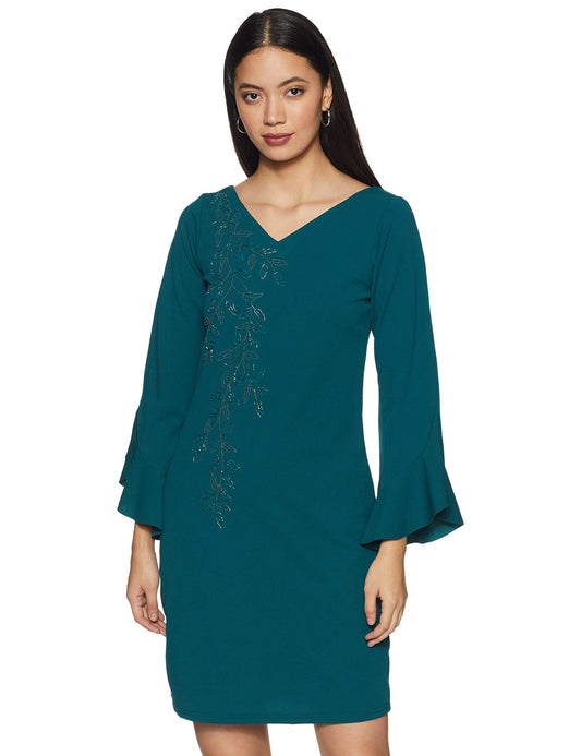 AND Women's Synthetic A-Line Knee Length Dress (AW19AT117DRSCTEAL10_Teal_10)